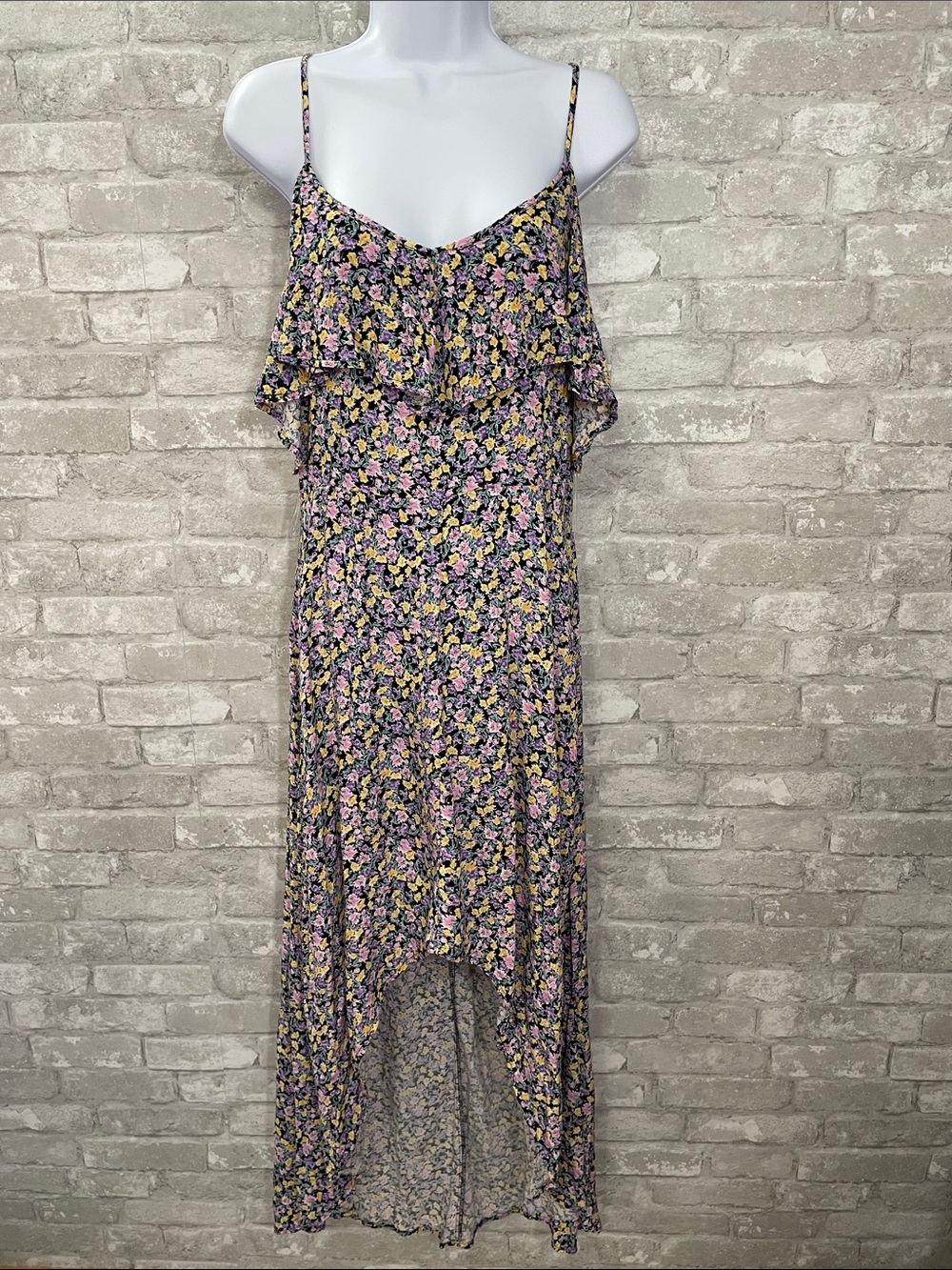 Rewind Black Hi-Low Maxi Dress with Pink & Yellow Floral
